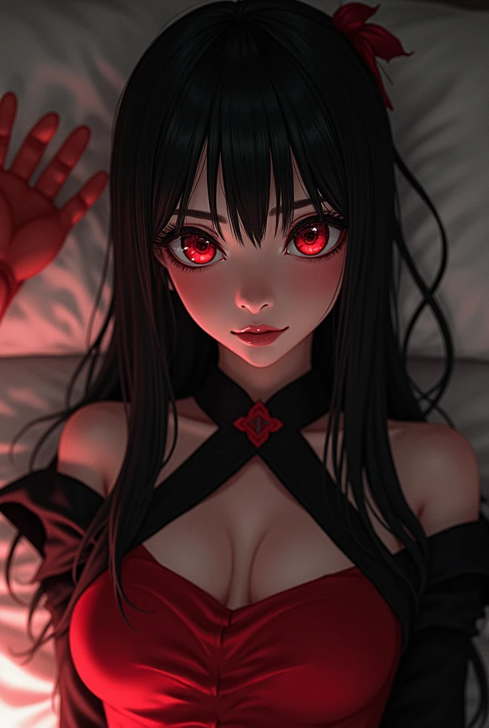 a big-breasted MILF with long black straight hair, dark red eyes, wearing a virgin killer sweater, in a bedroom setting, anime style, (best quality,4k,8k,highres,masterpiece:1.2),ultra-detailed,(realistic,photorealistic,photo-realistic:1.37),beautiful detailed eyes,beautiful detailed lips,extremely detailed eyes and face,long eyelashes,intricate details,high quality,vivid colors,soft lighting,elegant,dramatic