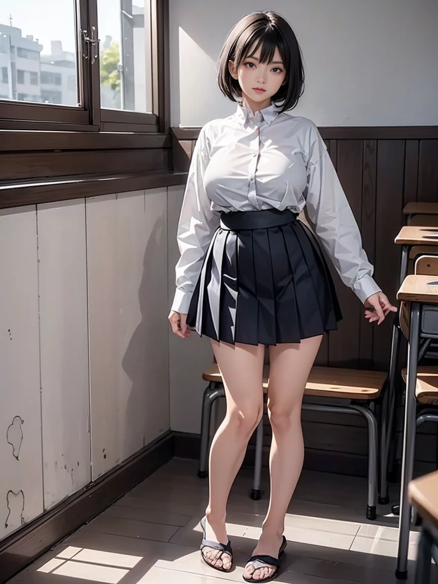   Japanese woman with a viewing angle of, , (  black short bob hair  ),  plump body ,  dark eyes,( standing and slouching forward )  Japanese High School Girls , (He is wearing a white shirt), Big Breasts,  light grey pleated skirt,  sit on a chair,  Seductive Poses,   full body shot ,  sensual expression, In the classroom