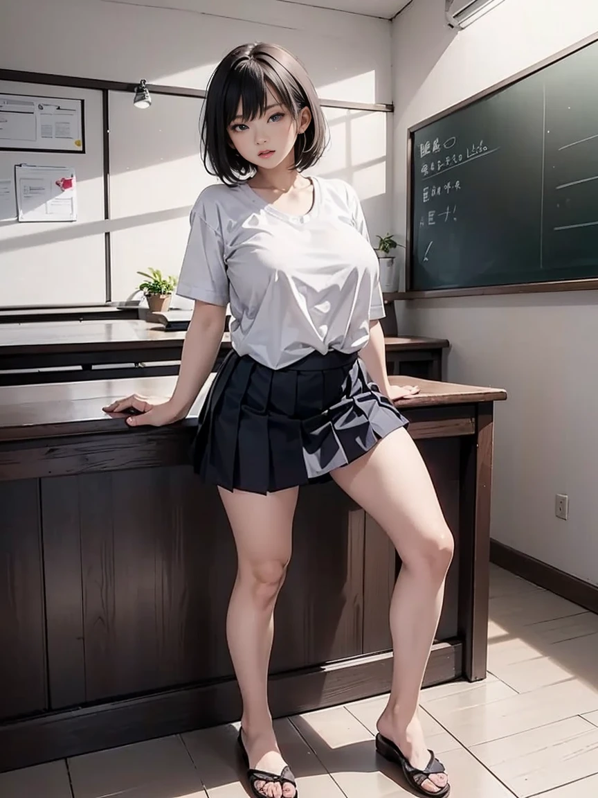   Japanese woman with a viewing angle of, , (  black short bob hair  ),  plump body ,  dark eyes,( standing and slouching forward )  Japanese High School Girls , (He is wearing a white shirt), Big Breasts,  light grey pleated skirt,  sit on a chair,  Seductive Poses,   full body shot ,  sensual expression, In the classroom