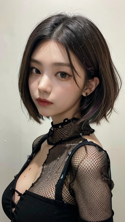  best quality, masterpiece,   upper body、(black large fishnet :1.5)、Big Breasts、   layer style hairstyle 、((  highlight mesh hair color ))、