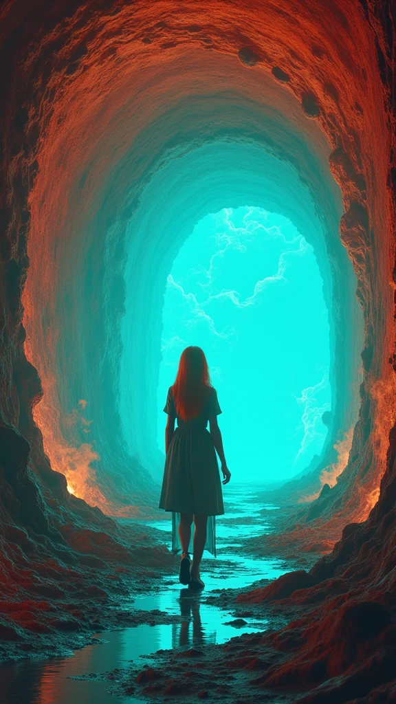 The shape of a beautiful girl carved into a wall of cyan Diamonds inside a dark cave