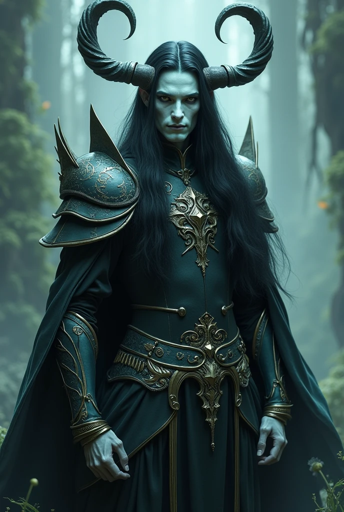 A wraith fairy king with luminous skin and four horns on the head in armor with black long hair