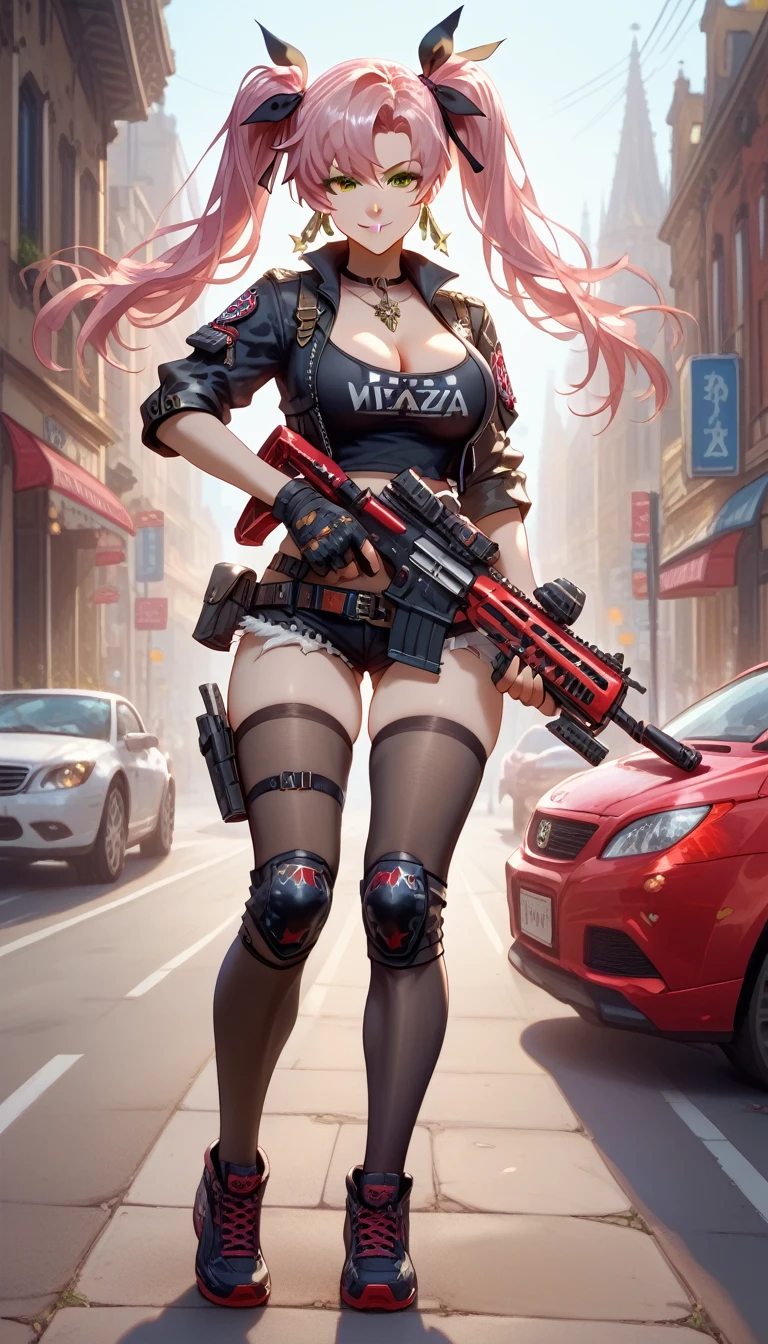 ultra-detailed, 1girl, nicole_demara, Zenless Zone Zero, (best quality), ((masterpiece)), (highres), 16K, green eyes, perfect face, long hair, pink hair, twintails, hair ribbon, wearing black shirt, wearing bootyshorts, black thighhighs, knee pads, holster, black gloves, belt, sports shoes, busty body, large breasts and a beautiful ass, showcasing cleavage, legs, hips, holding assault rifle, looking at viewer, smile, detailed full body, thigh details, street background