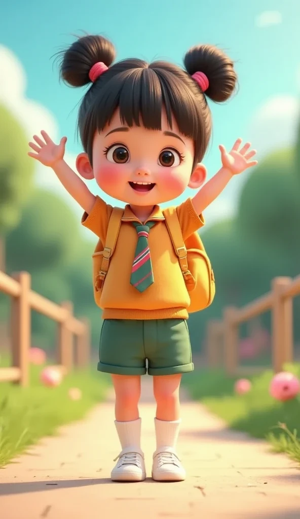 a girl, 3D animation ((side view)) with pastel color palette, cute and adorable with her hair in two buns on top and bangs, cute beautiful girl, blushing cheeks, a girl standing wearing an Indonesian kindergarten uniform, a plain dark green uniform, a dark orange vest ((the vest is buttoned up neatly)), a tie with a combination of red and white vertical stripes, plain dark green shorts ((matching the color of the uniform)), short socks, and white sneakers, looking happy. with a yellow ren's bag on her back, a military-style salute pose.