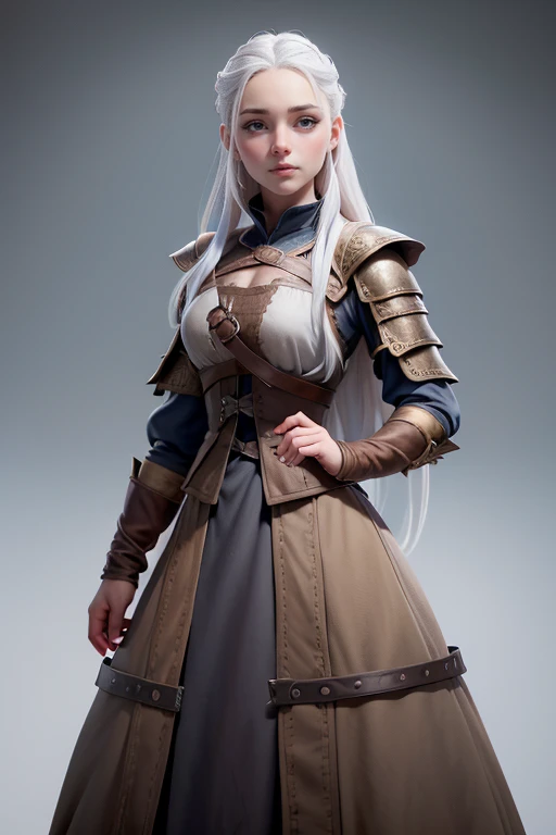 Young woman, campesina medieval "Game of Thrones ", medieval dress,  gray and brown shreds,  blue eyes , white hair , dynamic position,  safe expression, Iluminación natural,  plain white background , without patterns, No textures.