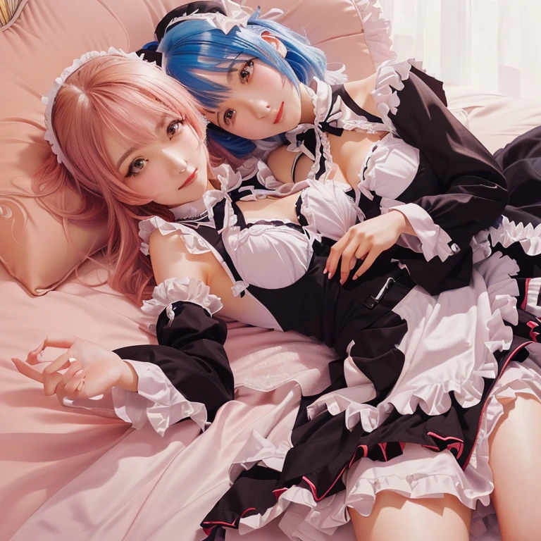  two girls with blue hair and pink hair, hugging each other,  maids riding early tanks, rem rezero, 2 b, 2b, girls, two beautiful girls, top rated on pixiv, girl in a maid costume, twintails white_gloves, at pixiv, best 4k konachan wallpaper, pixiv