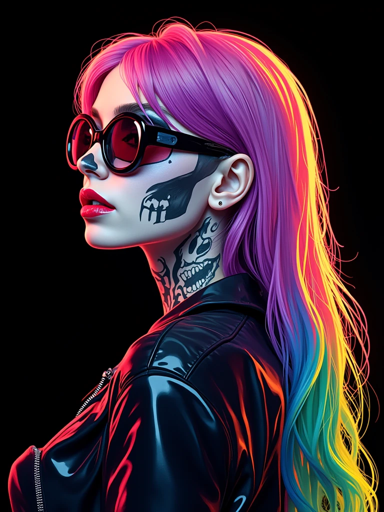 A vibrantly colored, digitally illustrated female in profile, looking at the viewer. She has multi-colored hair flowing down her back, transitioning from shades of pink, purple, blue, green, and yellow. Her face is adorned with a skull makeup design, with red eyeshadow and bold red lips. She wears sunglasses with a unique design, and her neck and around her eye features a skull like tattoo. She is also seen wearing a black leather jacket with a zipper. The background is predominantly black, which accentuates the bright colors of her hair and makeup. 4k synth wave, painting, illustration, dark fantasy, vibrant