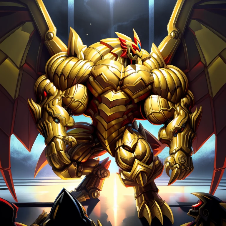 (demon lord dragon batzz, 8K), (demon lord dragon batzz's giant robot, Powered exoskeleton with the same design as demon lord dragon batzz), (Masterpiece, highres) (Detailed head, Detailed Body, Detailed abs, full body) (gigantic muscles, Gigachad Muscular, big muscle, pecs, triceps, traps, unusually developed muscular body, body full of huge muscles. showing off muscles, pectorales enormes, Exaggeratedly huge muscles.) (nj5furry, The claws are sharp, Sharp teeth, sharp claws), (long legs), (Spread wings, It has wings, have big wings, golden wings), (Wrestling, wrestler, the bodybuilding), (It has wings, whole body shines like metal, Wearing cyberpunk mecha, emphasizes the muscles, suit fully made of metal, intricate armor, Robotic suit, suit fully made of metal, cyborg), menacing pose, The whole body is golden. no face. BULK UP. The whole body is golden. wearing a full-face helmet. no blue. no red. A pose that shows off your muscles. no face. He is wearing sunglasses. The face is hidden inside the helmet and cannot be seen. (Bodybuilder, HyperMuscle)