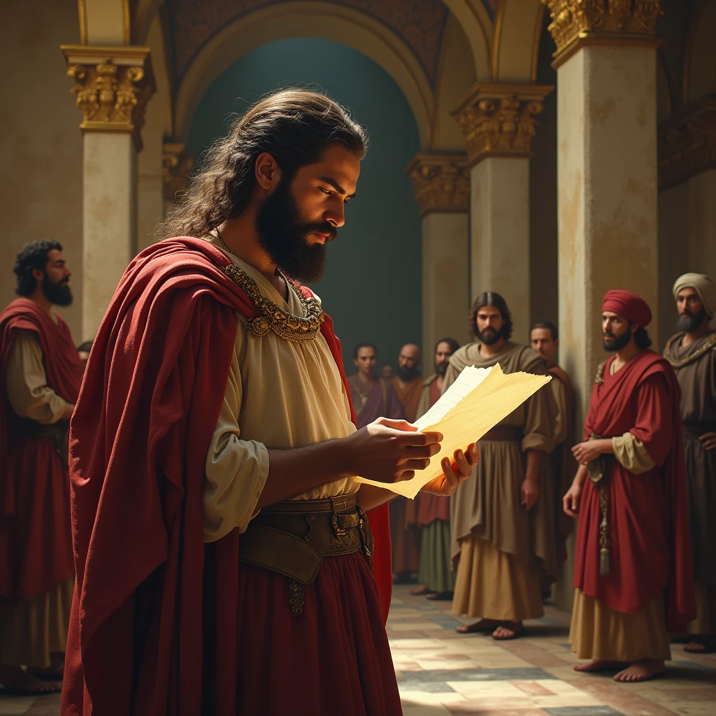 " Uriah receiving the letter from David with an expression of loyalty, without suspecting the content . Scenario of a palace with guards and servants in the background ."