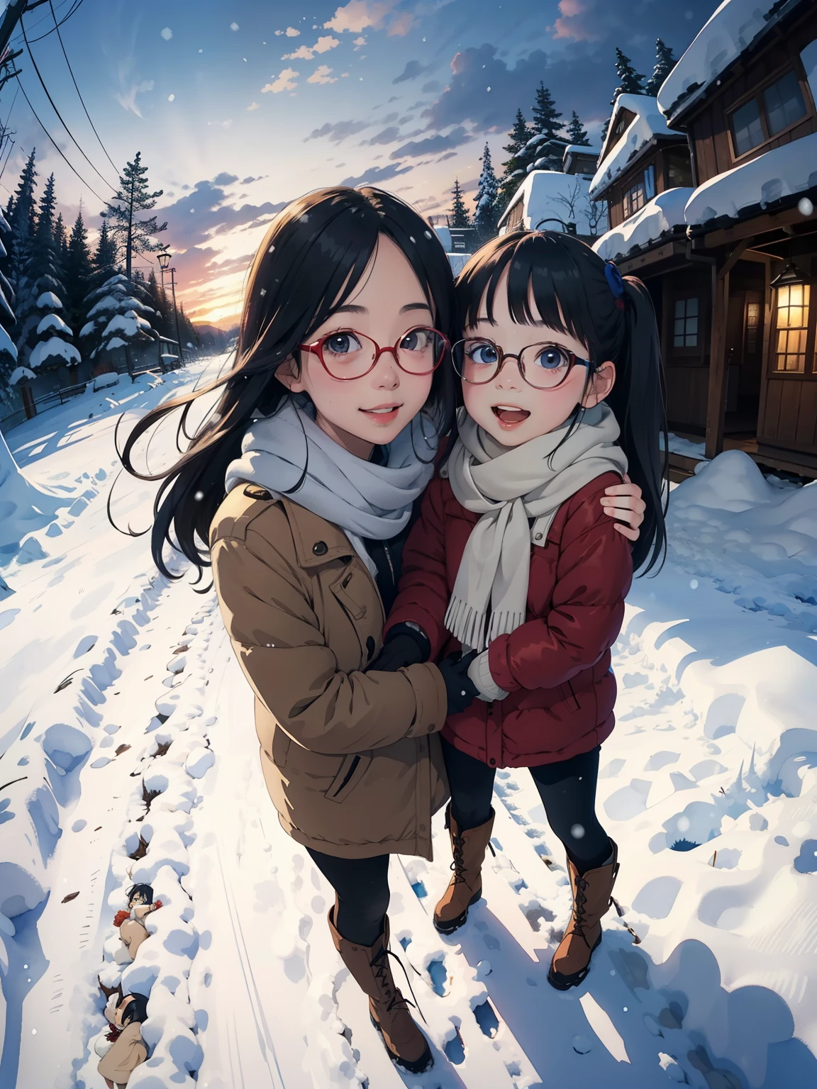 masterpiece，  best quality， High image quality ，(  super flat  ,    Flat Shading   )， Fisheye Lens  ，Beautiful petite trained young mother and her very cute little training daughter:1.25，   warm scarf，(naked)，Long Hair，Glasses， boots，smile, smile，White Breath，fun, play, winter, snow, 新snow，At dusk，Beautiful sunset，Wide angle,   bright color , watercolor, Ghibli style，Strong winds，  girl&#39;Lure，