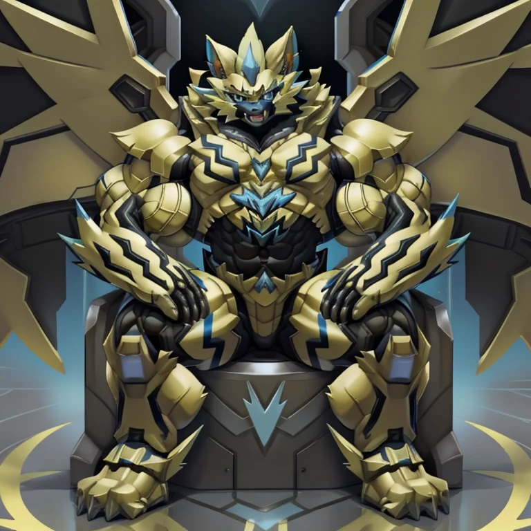 (ZERAORA, 8K), (Zeraora's giant robot, Powered exoskeleton with the same design as Zeraora), (Masterpiece, highres) (Detailed head, Detailed Body, Detailed abs, full body) (gigantic muscles, Gigachad Muscular, big muscle, pecs, triceps, traps, unusually developed muscular body, body full of huge muscles. showing off muscles, pectorales enormes, Exaggeratedly huge muscles.) (nj5furry, The claws are sharp, Sharp teeth, sharp claws), (long legs), (Spread wings, It has wings, have big wings, golden wings), (Wrestling, wrestler, the bodybuilding), (It has wings, whole body shines like metal, Wearing cyberpunk mecha, emphasizes the muscles, suit fully made of metal, intricate armor, Robotic suit, suit fully made of metal, cyborg), menacing pose, sitting on the throne, An arrogant expression. destroying city.