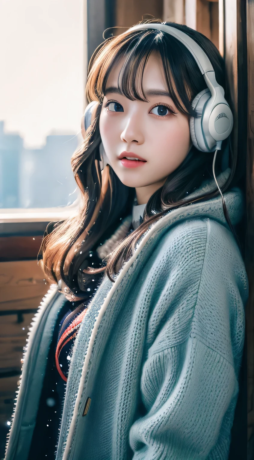 1 girl、Surrounded by in a study from the 1980s、A sad-looking 12-year-old girl listening to music from a cassette tape on a 1980 Sony Walkman、Composition、snow、Shallow depth of field、Direct Light、800mm lens、Highest quality
