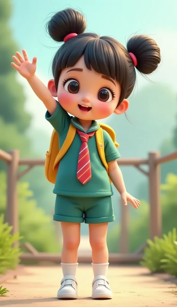 a girl, 3D animation ((image taken from the side)) with pastel color palette, cute and adorable with her hair in two buns on top and bangs, cute beautiful girl, blushing cheeks, a girl standing wearing an Indonesian kindergarten uniform, a plain dark green uniform, a tie with a combination of red and white vertical stripes, plain dark green shorts ((matching the color of the uniform)), short socks, and white sneakers, looking happy. with a yellow ren's bag on her back, posing in a military salute to her commander.