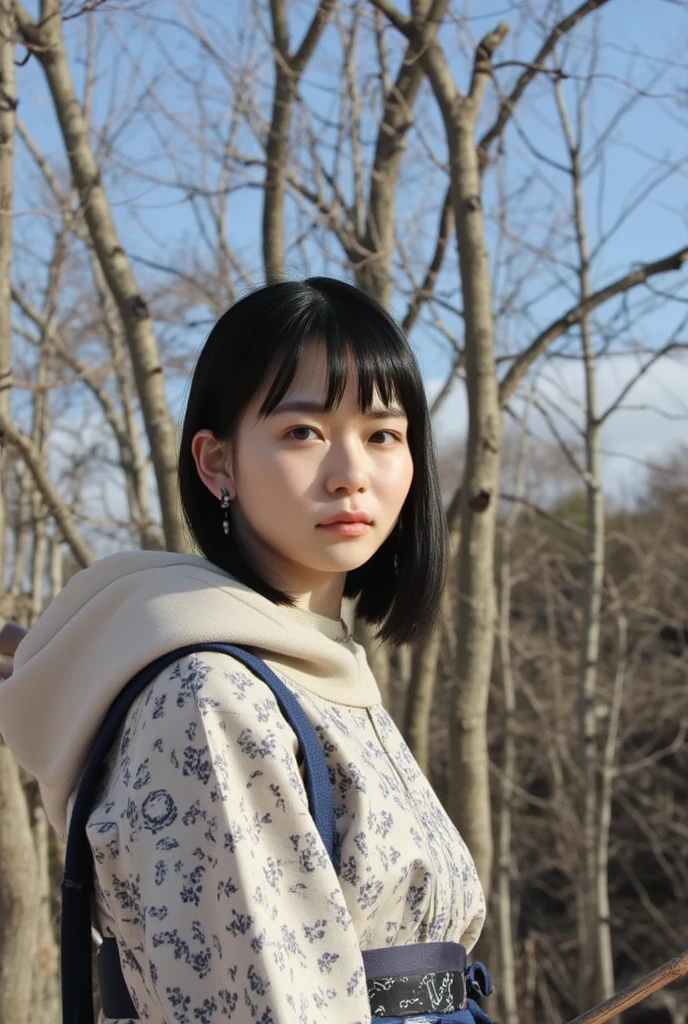  She is wearing a hooded coat with a black Ainu pattern on a white background、} I have a blue cloth belt wrapped around my waist 、 has a black headband （ Asilipa is ） accessories with age 、 traditional large silver or black earrings are visible in her ears 、With black hair、 straight hair about below the shoulder 、 feeling slightly fluttering in the wind 、 serious and focused expression 、 aiming for prey 、Hold the bow、 the state where the arrows are being squeezed 、 is thinly covered with snow 、 gaze Is directed at the prey 、 poses that convey her body tension and muscle tension 、The winter snowy mountain forest 、tree々 on the head 、 where snow is piled up on the ground 、 in a quiet and cool atmosphere 、Hunting、 the slight white snow dances 、 emphasizes the cold and quiet of winter 、 there is a slight fog in the background 、 feeling that the air is cold and clear 、 with cold natural light in the morning 、 pale light reflecting snow 。 light shines on Asilipa's face and bow 、 There are emphasized parts but the whole is illuminated by soft light 、 slightly long shadows extend to the feet 、 with pale blue shadows all over It comes with Are there 、 The coat is white and 、 has a clear black Ainu pattern 、 belt is deep blue 、 a cold winter forest based on white and blue 




