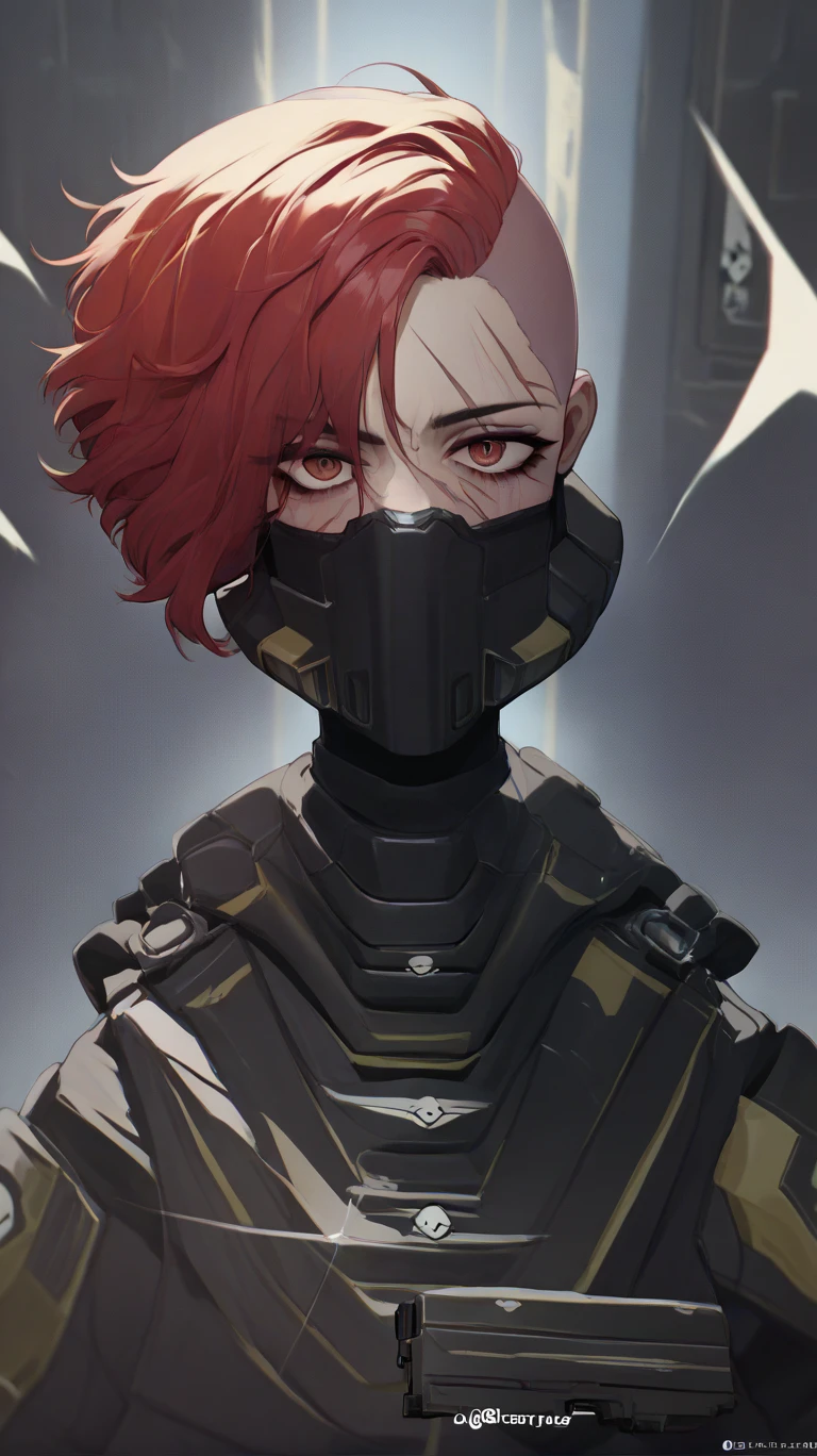 47 year old Female commander helldiver without helmet, red hair, in pixie cut grenn eyes, many scars on his face, holding a pistol in her right hand