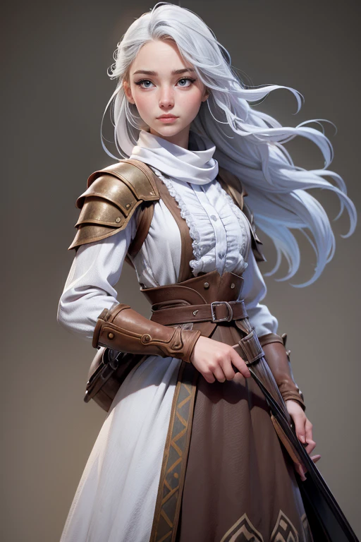 Young woman, campesina medieval "The Chronicles of Narnia",  gray and brown shreds,  blue eyes , white hair , dynamic position,  safe expression, Iluminación natural,  plain white background , without patterns, No textures.