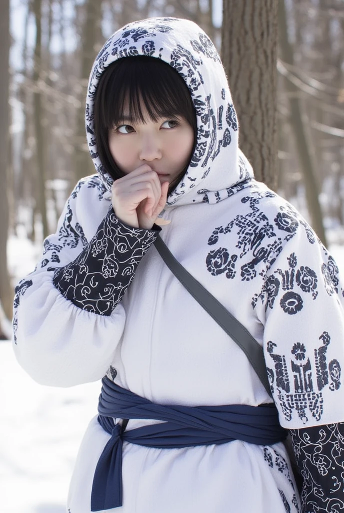  She is wearing a hooded coat with a black Ainu pattern on a white background、} I have a blue cloth belt wrapped around my waist 、 has a black headband （ Asilipa is ） accessories with age 、 traditional large silver or black earrings are visible in her ears 、With black hair、 straight hair about below the shoulder 、 feeling slightly fluttering in the wind 、 serious and focused expression 、 aiming for prey 、Hold the bow、 the state where the arrows are being squeezed 、 is thinly covered with snow 、 gaze Is directed at the prey 、 poses that convey her body tension and muscle tension 、The winter snowy mountain forest 、tree々 on the head 、 where snow is piled up on the ground 、 in a quiet and cool atmosphere 、Hunting、 the slight white snow dances 、 emphasizes the cold and quiet of winter 、 there is a slight fog in the background 、 feeling that the air is cold and clear 、 with cold natural light in the morning 、 pale light reflecting snow 。 light shines on Asilipa's face and bow 、 There are emphasized parts but the whole is illuminated by soft light 、 slightly long shadows extend to the feet 、 with pale blue shadows all over It comes with Are there 、 The coat is white and 、 has a clear black Ainu pattern 、 belt is deep blue 、 a cold winter forest based on white and blue 




