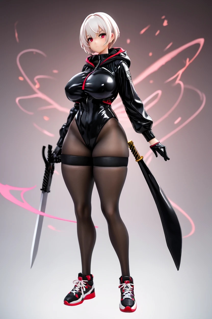 solo girl,Glossy metalic light silver tank top, tight latex shiny, Red interpolation color,Black hair bob,red eyes, camel toe, Samurai Sword,
Lift one leg, sexy lady, โชว์กางเกงใน girl,