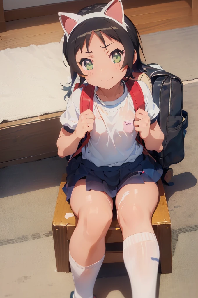 masterpiece,  Ultra Quality ,  Ultra Sharp , Super detailed,  1 girl, Alone, (((Good anatomy))), haduki kurumi, (shiny skin), ( Ripped to Rag 、 Drenched White Gym Shirt),  Navy Gym Pants ,  animal ears ,  backpack , Name Tags,  Japanese Anime Pose , smile, BloomersShorts, Bloomers, Gym, ((( sitting, Sit-in, Spread the word_foot, footpread, _foot, Spread the wording foot)), ( backpack  backpack:1.4), (Ohogao:1.4), Bloomers, blue Bloomers, black Bloomers, (ラクダのつま先), (色つきの裾のあるボロボロの短い白いGym), ( small nipples), (white long loose socks ), Strong lighting, footpread,  bukkake with saliva , Cum on clothes, cum on foot, cum on Bloomers, Bloomersに射精, (Spread the wording pussy by hands)