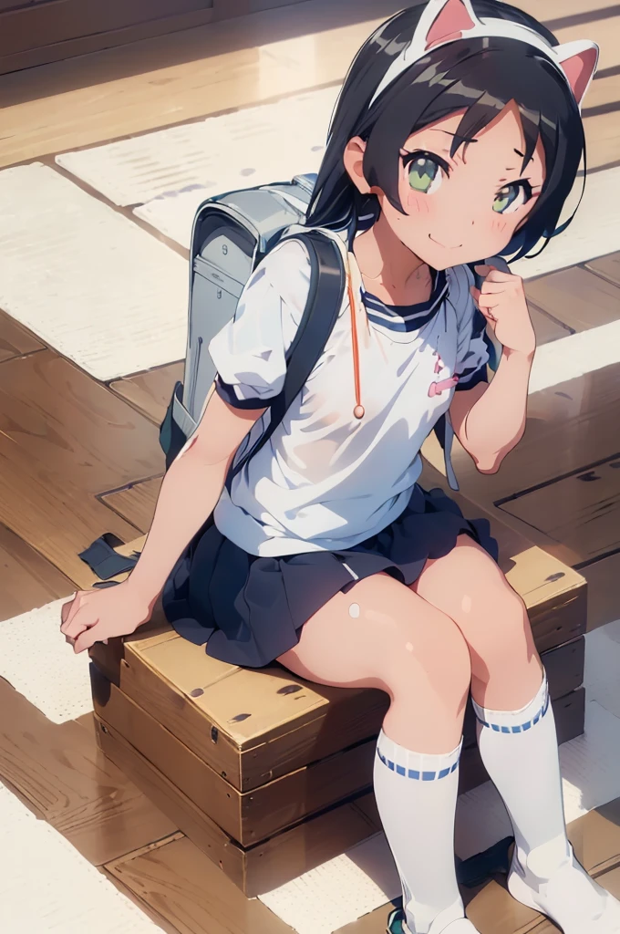 masterpiece,  Ultra Quality ,  Ultra Sharp , Super detailed,  1 girl, Alone, (((Good anatomy))), haduki kurumi, (shiny skin), ( Ripped to Rag 、 Drenched White Gym Shirt),  Navy Gym Pants ,  animal ears ,  backpack , Name Tags,  Japanese Anime Pose , smile, BloomersShorts, Bloomers, Gym, ((( sitting, Sit-in, Spread the word_foot, footpread, _foot, Spread the wording foot)), ( backpack  backpack:1.4), (Ohogao:1.4), Bloomers, blue Bloomers, black Bloomers, (ラクダのつま先), (色つきの裾のあるボロボロの短い白いGym), ( small nipples), (white long loose socks ), Strong lighting, footpread,  bukkake with saliva , Cum on clothes, cum on foot, cum on Bloomers, Bloomersに射精, (Spread the wording pussy by hands)