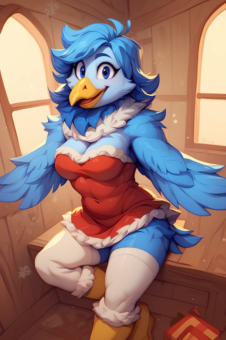 Martlet ,  Undertale Yellow , Alone, short blue hair, Blue plumage ,  Wings instead of arms ,  fitted blue long patalon,  short blue bird tail ,  plumage around his light blue neck,  yellow bird beak ,  Simple background, Avián , anthropomorphic, FE, happy smile, trajes de Santa Claus FE, looking at the viewer, breasts, inside a cabin, Christmas.