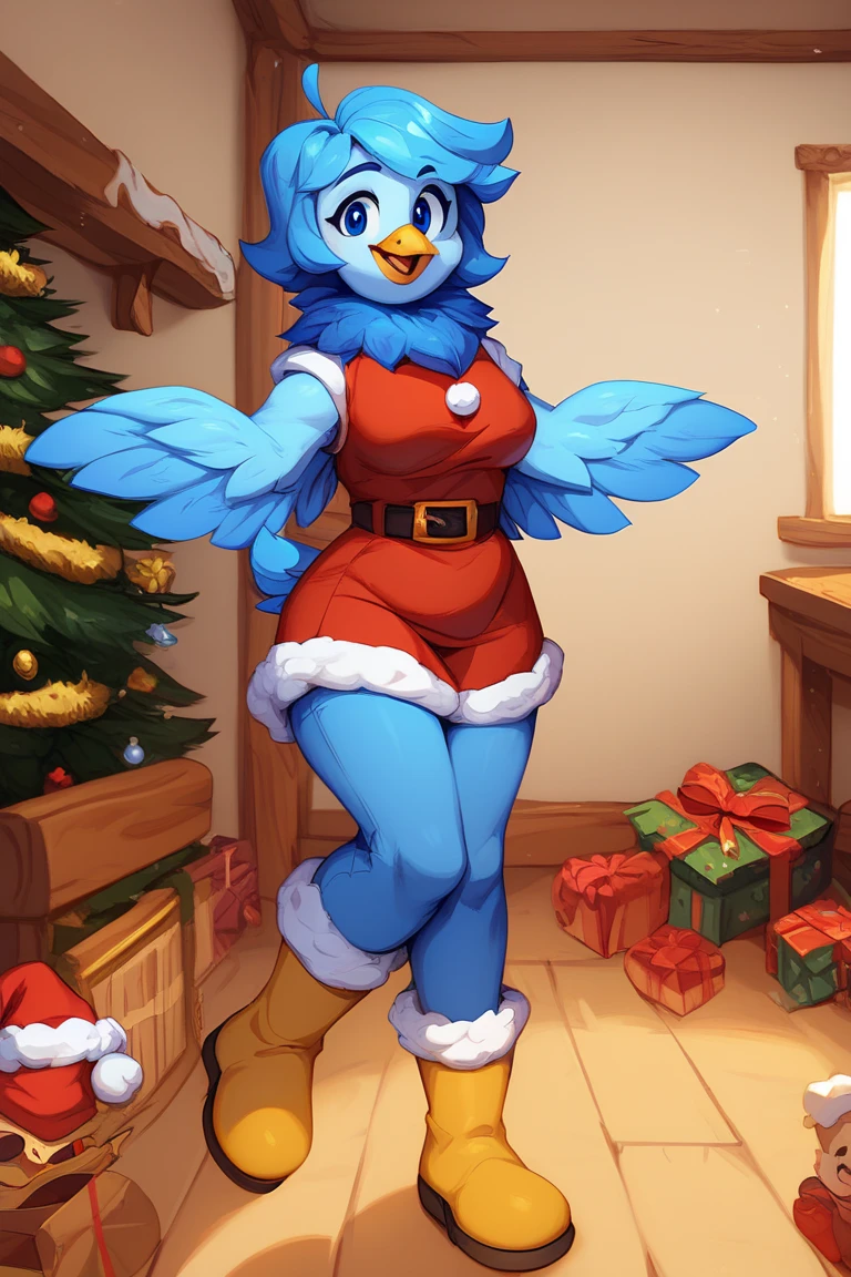 Martlet ,  Undertale Yellow , Alone, short blue hair, Blue plumage ,  Wings instead of arms ,  fitted blue long patalon,  short blue bird tail ,  plumage around his light blue neck,  yellow bird beak ,  Simple background, Avián , anthropomorphic, FE, happy smile, trajes de Santa Claus FE, looking at the viewer, breasts, inside a cabin, Christmas.