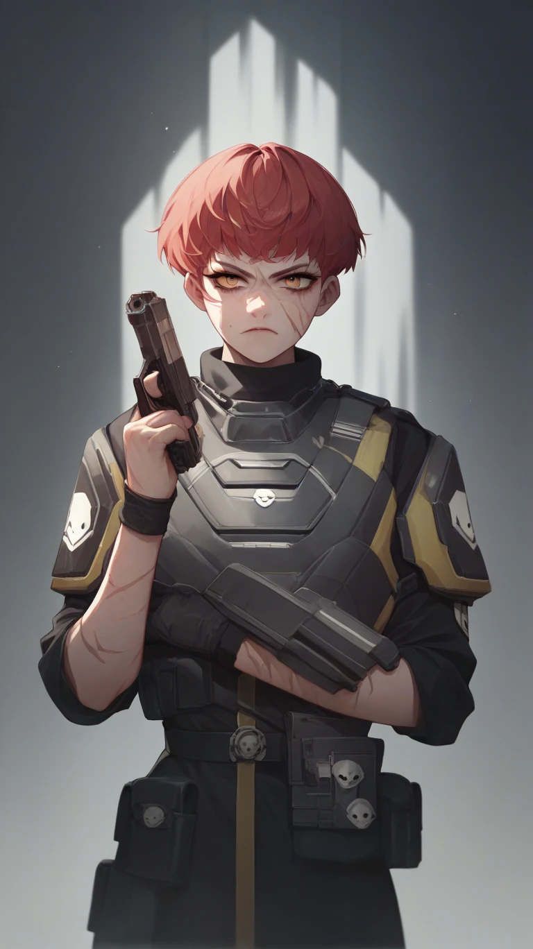 47 year old Female commander helldiver without helmet, red hair, in pixie cut grenn eyes, many scars on his face, holding a pistol in her right hand