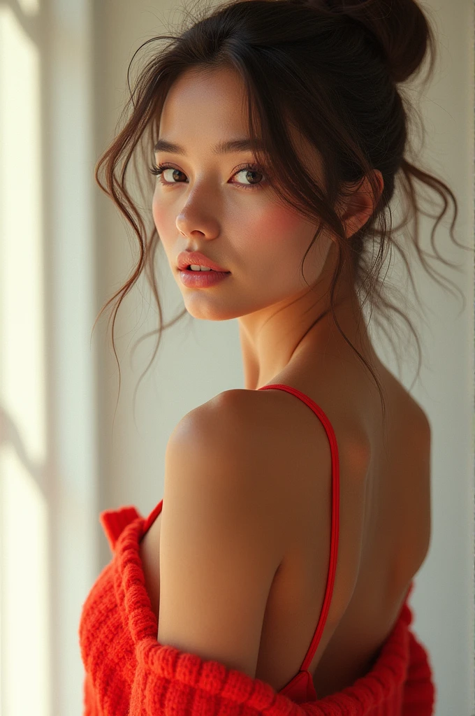 Ace, 4k, High Resolution, Masterpiece, Best Quality, Head: 1.3, (Korean K-pop Idol), Delicate Skin, Sharp Focus, (Cinema Lighting), Clavicle, Morning, Soft Light, Dynamic Angle, [:(detailed face:1.2):0.2], armpit wrinkles, thigh gap, red dress, slim, mid-chest, cleavage, full body,