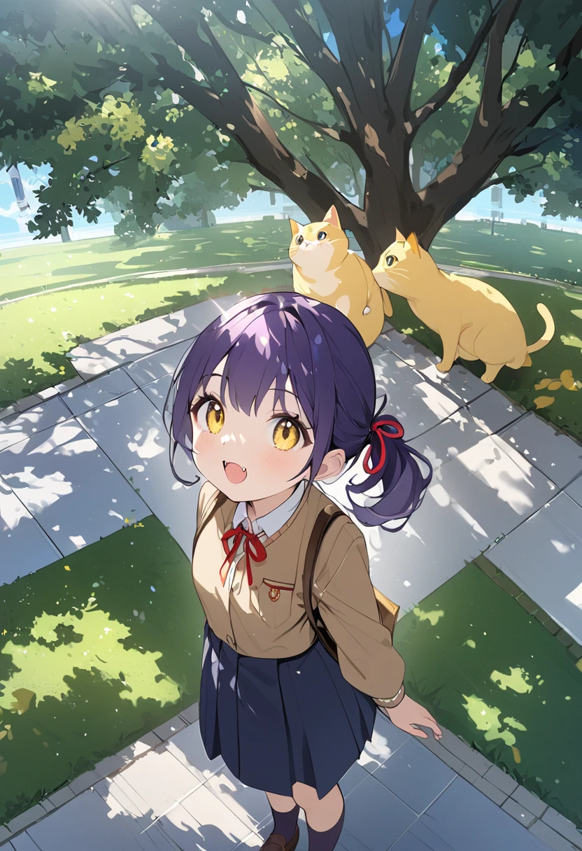  best quality、There is only 1 girl in the picture、Very young、 Short Ponytail 、 Big Ribbon Hair Tie、Dark purple hair、Yellow cat eyes 、Cute Fangs、Red Ribbon Necklace 、 school uniform、brown school bag、Navy blue socks、Brown shoes、smile、Park Tree Shadow 、 Light Shines In 、blue sky、 looking up at the sky 