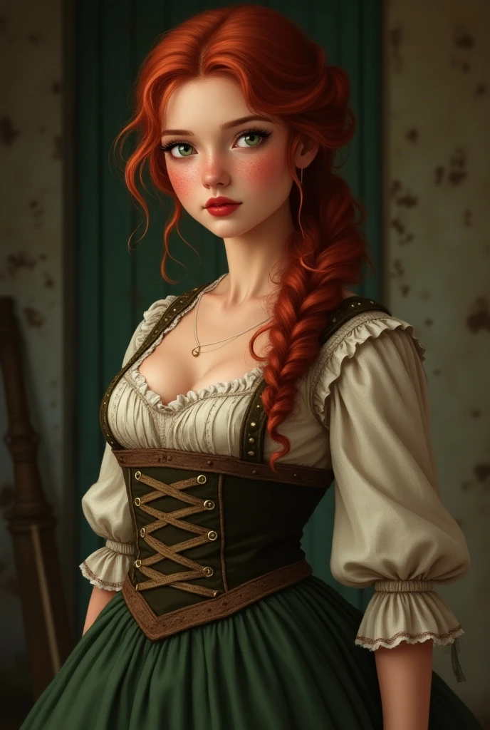 a close up of a dullahan spirit woman with red hair and a green dress, beautiful character painting, hyperdetailed fantasy character, detailed character art, charlie bowater character art, fantasy character art, realistic fantasy illustration, realistic character concept art, fantasy character design, highly detailed character design, stunning character art, detailed character portrait, fantasy characture portrait, highly detailed character