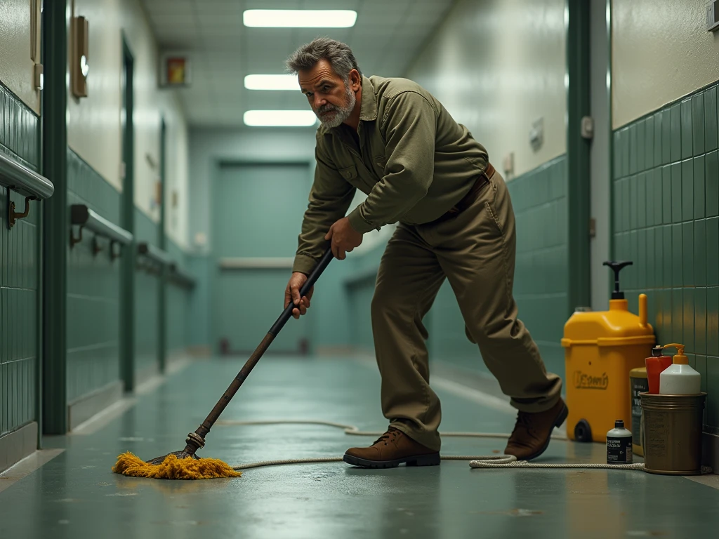 30-year-old man in cleaning uniform , cleaning the floor with a rag and with chemical liquids