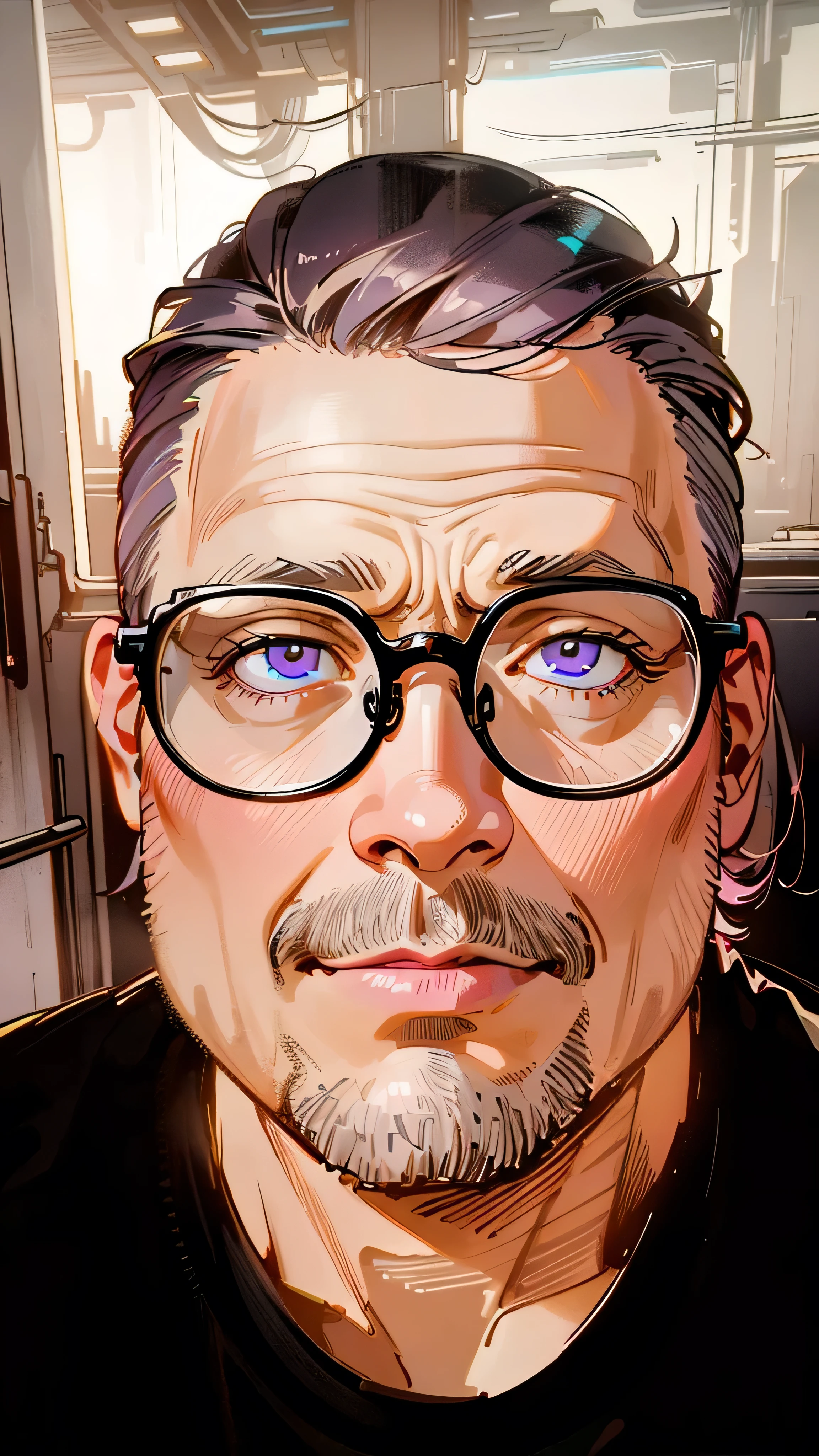 there is a man with glasses and a black shirt posing for a picture, man with glasses, taken in the early 2020s, frontal picture, with glasses and goatee, thierry doizon, george doutsiopoulos, photo of a 50-year-old white man, zislaw beksinksi, islav beksinskHD, (Best Detail), (Best Quality), colorful, cyberpunk, neon, beautiful lights, purple reflections,