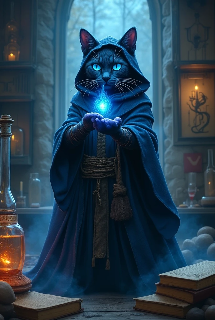 Draw me a picture of an alchemist cat with blue colors in medieval times