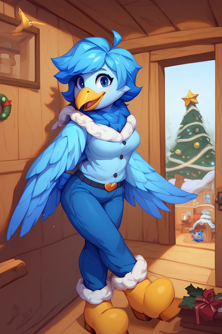 Martlet ,  Undertale Yellow , Alone, short blue hair, Blue plumage ,  Wings instead of arms ,  fitted blue long patalon,  short blue bird tail ,  plumage around his light blue neck,  yellow bird beak ,  Simple background, Avián , anthropomorphic, FE, happy smile, trajes de Santa Claus FE, looking at the viewer, breasts, inside a cabin, Christmas.