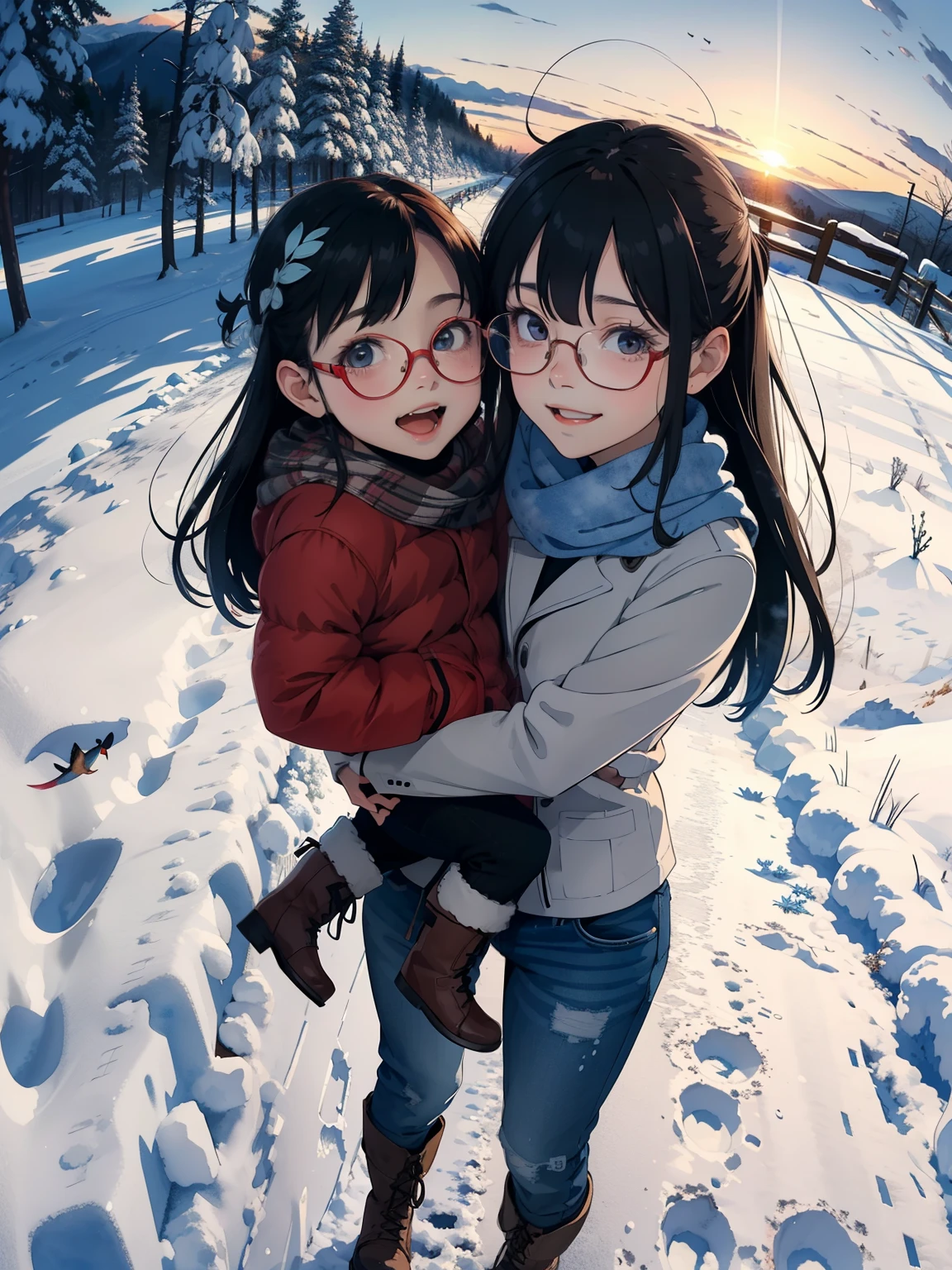 masterpiece，  best quality，High image quality，( super flat ， Flat Shading )， Fisheye Lens  ，Beautiful petite trained young mother and her very cute little training daughter:1.25， warm scarf，(naked)，Long Hair，Glasses， boots，smile, smile，White Breath，fun, play, winter, snow, 新snow，At dusk，Beautiful sunset，Wide angle,   bright color , watercolor, Ghibli style，Strong winds，Girl&#39;s&#39;lure，