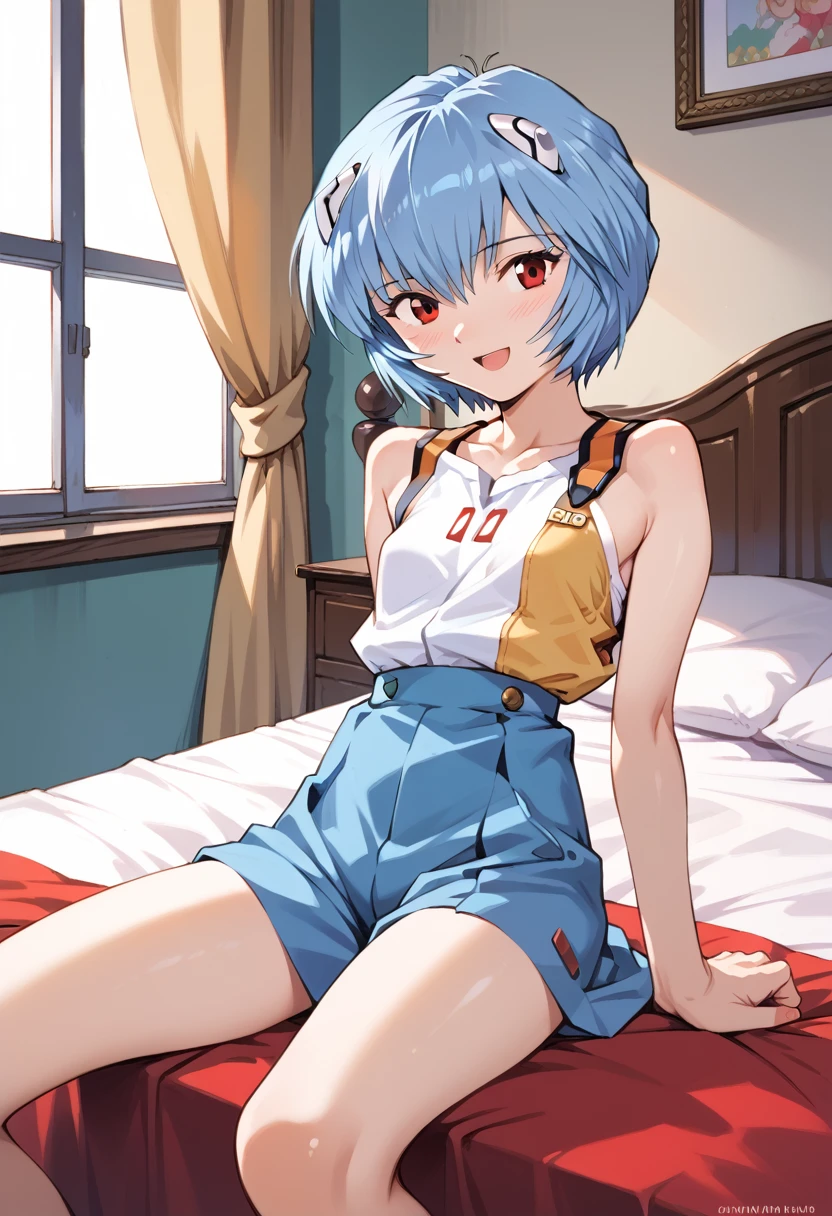 (( best quality)), ((masterpiece)), (be familiar with),  perfect face, indoor, bedroom,  watching viewers ,
One woman, Rei Ayanami,
 characters with open mouth ,  ecstatic expression with hands in front of body, blush, smile,
Small breasts,  flat chest, Young girl, Lori,  s,  girl,
Short Hair,  shorthair ,
Leg spread,