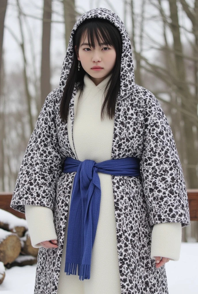  She is wearing a hooded coat with a black Ainu pattern on a white background、} I have a blue cloth belt wrapped around my waist 、 has a black headband （ Asilipa is ） accessories with age 、 traditional large silver or black earrings are visible in her ears 、With black hair、 straight hair about below the shoulder 、 feeling slightly fluttering in the wind 、 serious and focused expression 、 aiming for prey 、Hold the bow、 the state where the arrows are being squeezed 、 is thinly covered with snow 、 gaze Is directed at the prey 、 poses that convey her body tension and muscle tension 、The winter snowy mountain forest 、tree々 on the head 、 where snow is piled up on the ground 、 in a quiet and cool atmosphere 、Hunting、 the slight white snow dances 、 emphasizes the cold and quiet of winter 、 there is a slight fog in the background 、 feeling that the air is cold and clear 、 with cold natural light in the morning 、 pale light reflecting snow 。 light shines on Asilipa's face and bow 、 There are emphasized parts but the whole is illuminated by soft light 、 slightly long shadows extend to the feet 、 with pale blue shadows all over It comes with Are there 、 The coat is white and 、 has a clear black Ainu pattern 、 belt is deep blue 、 a cold winter forest based on white and blue 




