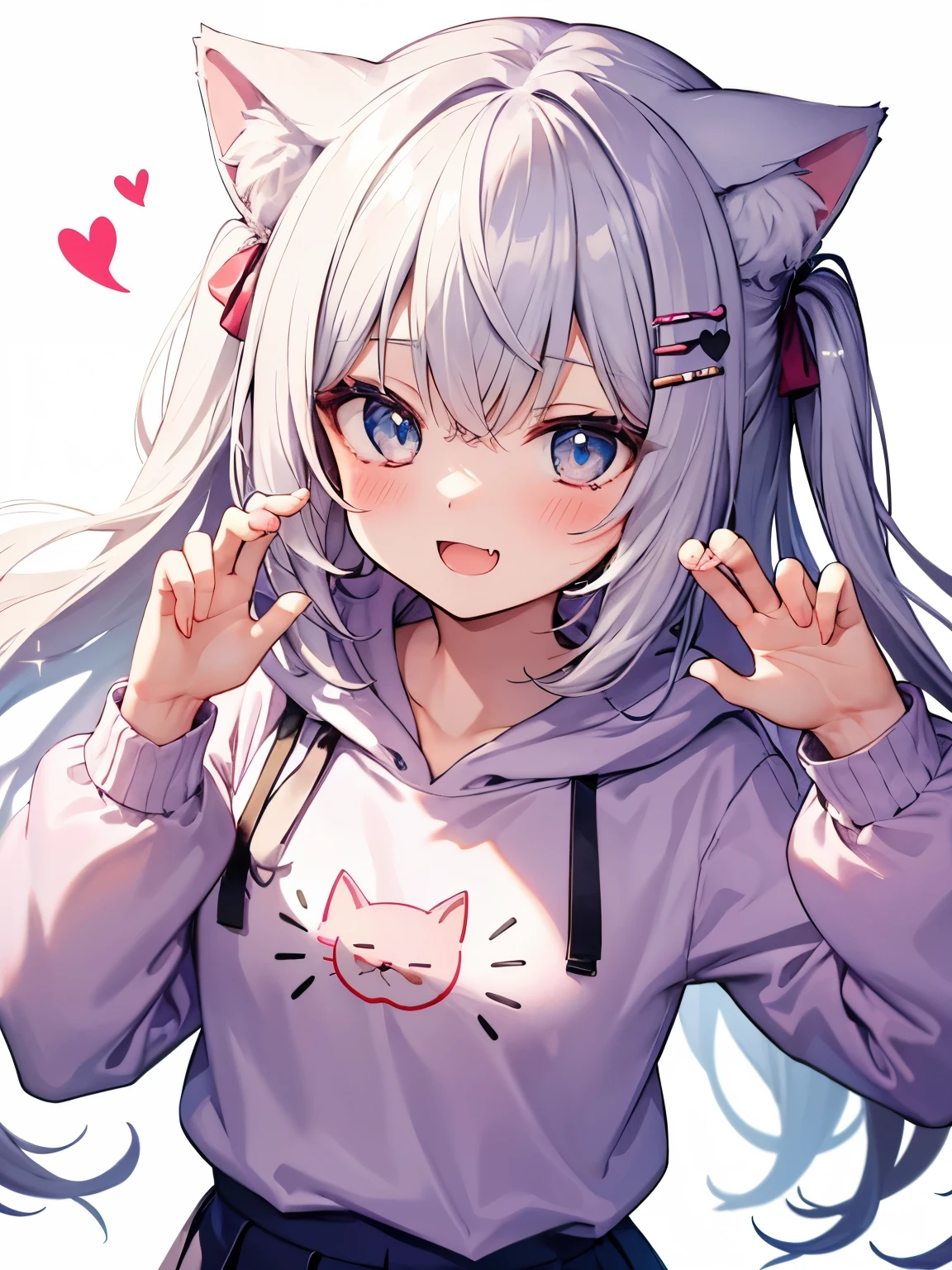 (best quarity,ultra detailed,ultra-high-resolution, absolutely resolution,8k, masterpiece),anime,(pale colors:1.8),long shot, 1girl, solo, cat mouth, dynamic angle, OK, grin, smile, opened mouth, all fours, fang, blue hair, bobcut, straight hair, racoon ears, racoon tail, (brown streaked hair:1.3), (blunt bangs) ,thick eyebrows, big breast, off shoulder clothes, cutout, striped and heart background, shadow,