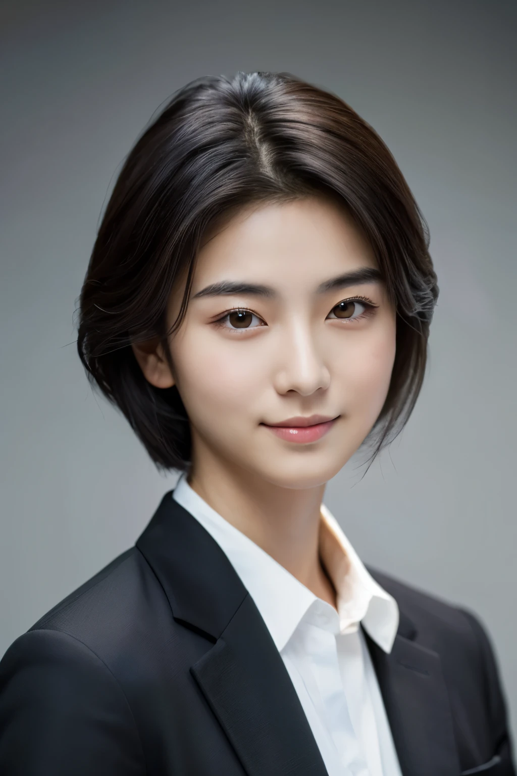  Portrait Photography ，  A handsome young Chinese man  ， 20-year-old head ， Dark brown short hair ， light beard ， Thick eyebrows ，  Deep and expressive eyes  ， nose slightly high ，  Calm and calm spirit  ，  Naturally divided Layered and well-groomed hairstyle  ，  wears a dark suit and black shirt  ， Simple and elegant style ，  The overall image is a bit like a young Liu Dewar  ，   Confident standing   ，  double pockets  ，Smile，  exudes mature confidence  ，  Typical oriental face features  ，  A concise gray gradient background accentuates facial features and three-dimensional details， taken from a flat perspective ，Shallow depth of field，  rich skin details  ， Indoor shooting  ，  Canon EOS R5 camera  ，  Kodak Eka Tar 100 fils  ，Superrealistic ，}  cinematic feel — style raw —s 400—ar 4  :3-v 6  ， women's breast F cup 