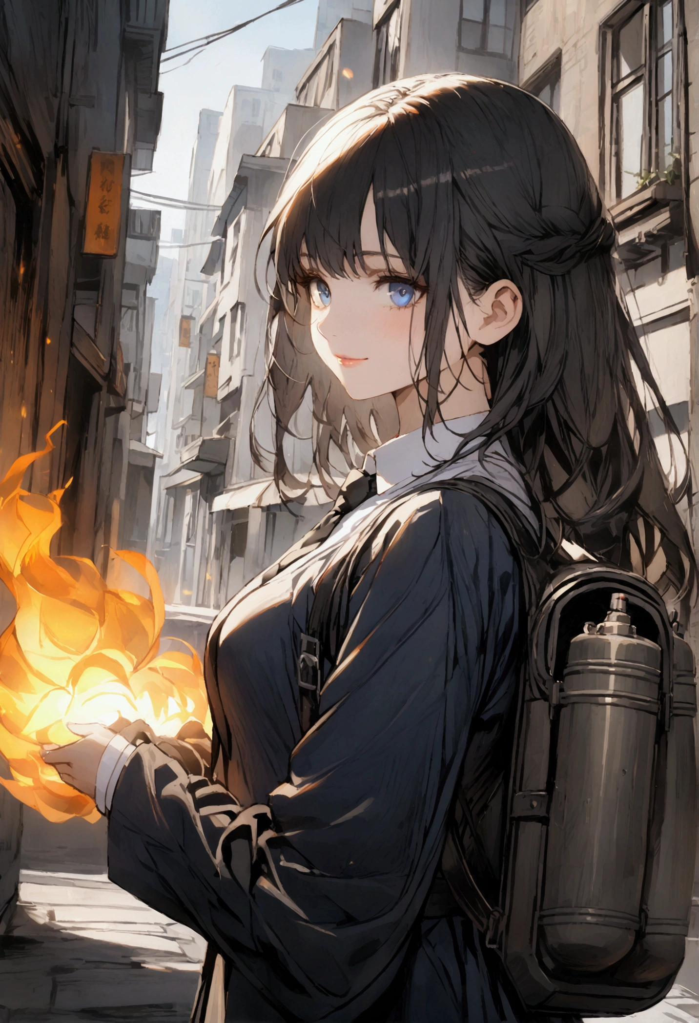 Girl. Long black straight hair. Blue eyes with a depth of suffering. Delicate features. Lips curled into a slight smile. Wearing a dark blue suit with a white shirt and black tie. Dark blue short shorts and black pantyhose. Has flamethrower barrels attatched to wrists and carries a fuel tank backpack. Standing up straight. Background is a city street.