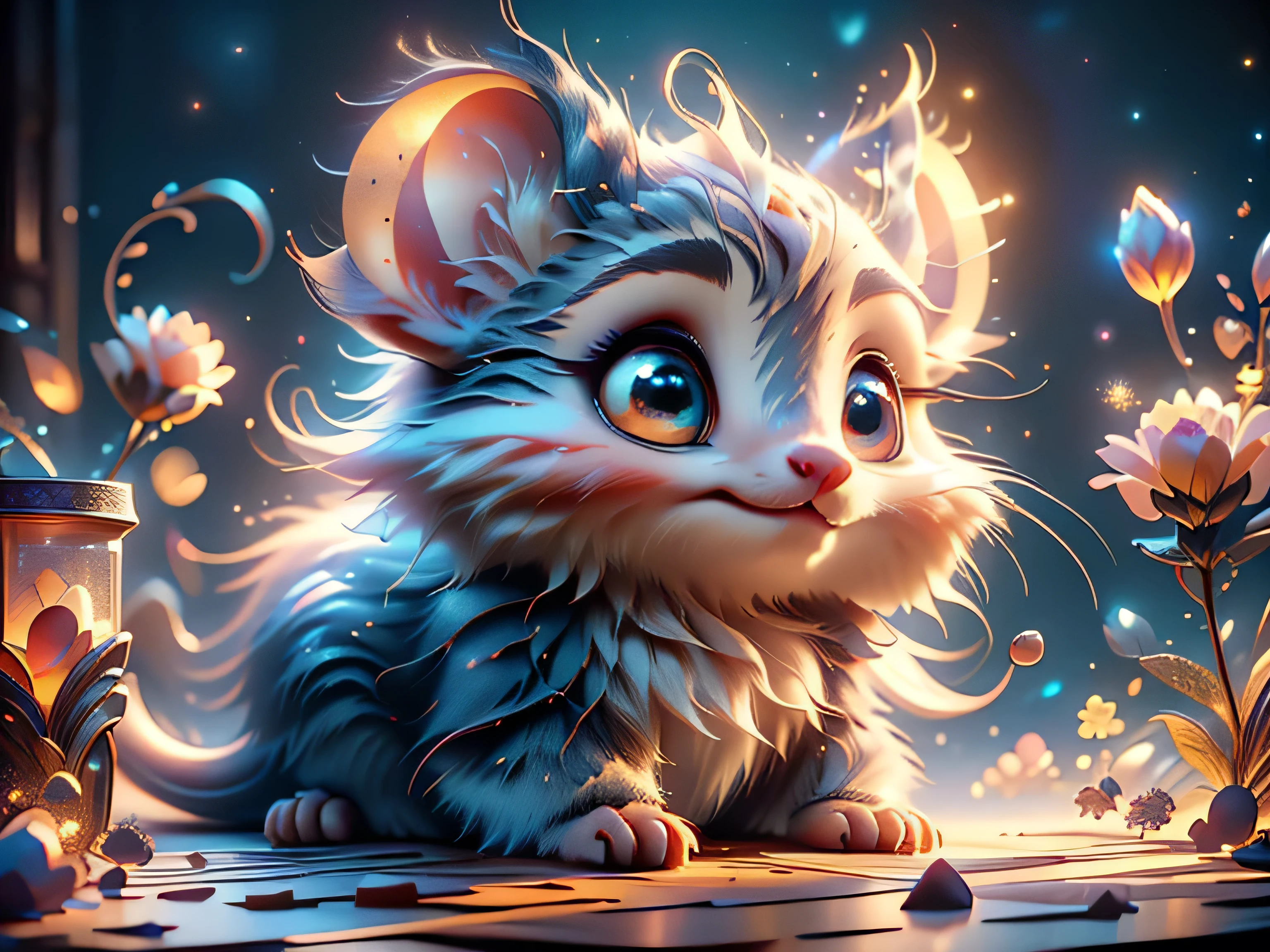 Magical Fantasy Creature, (Best Quality, Masterpiece, Representative Work, Official Art, Professional, Super Detailed, 8k:1.3), (Photorealism:1.2) Super Cute, Big Eyes, Soft, Soft Nose, Fluffy, Two-Toothed Smile, Bat Mouse, Realistic, Beautiful, Stars in Eyes, Soft Volumetric Light, (Backlight:1.3), (Cinematic:1.2), Intricate Details, (ArtStation:1.3), --auto --s2