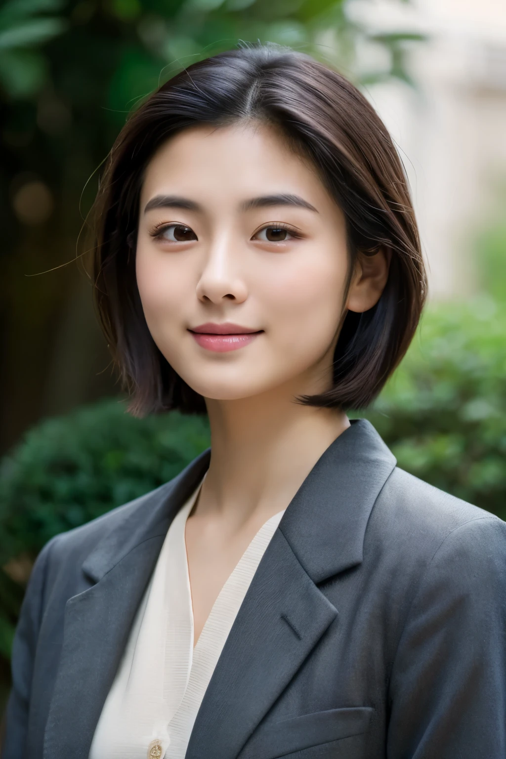  Portrait Photography ，  A handsome young Chinese man  ， 20-year-old head ， Dark brown short hair ， light beard ， Thick eyebrows ，  Deep and expressive eyes  ， nose slightly high ，  Calm and calm spirit  ，  Naturally divided Layered and well-groomed hairstyle  ，  wears a dark suit and black shirt  ， Simple and elegant style ，  The overall image is a bit like a young Liu Dewar  ，   Confident standing   ，  double pockets  ，Smile，  exudes mature confidence  ，  Typical oriental face features  ，  A concise gray gradient background accentuates facial features and three-dimensional details， taken from a flat perspective ，Shallow depth of field，  rich skin details  ， Indoor shooting  ，  Canon EOS R5 camera  ，  Kodak Eka Tar 100 fils  ，Superrealistic ，}  cinematic feel — style raw —s 400—ar 4  :3-v 6  ， women's breast F cup 