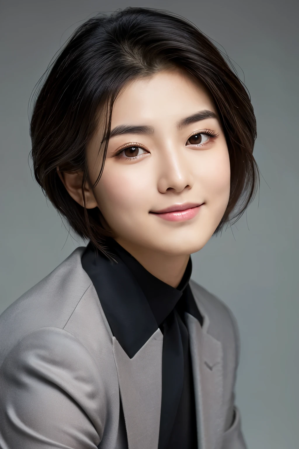  Portrait Photography ，  A handsome young Chinese man  ， 20-year-old head ， Dark brown short hair ， light beard ， Thick eyebrows ，  Deep and expressive eyes  ， nose slightly high ，  Calm and calm spirit  ，  Naturally divided Layered and well-groomed hairstyle  ，  wears a dark suit and black shirt  ， Simple and elegant style ，  The overall image is a bit like a young Liu Dewar  ，   Confident standing   ，  double pockets  ，Smile，  exudes mature confidence  ，  Typical oriental face features  ，  A concise gray gradient background accentuates facial features and three-dimensional details， taken from a flat perspective ，Shallow depth of field，  rich skin details  ， Indoor shooting  ，  Canon EOS R5 camera  ，  Kodak Eka Tar 100 fils  ，Superrealistic ，}  cinematic feel — style raw —s 400—ar 4  :3-v 6  ， women's breast F cup 