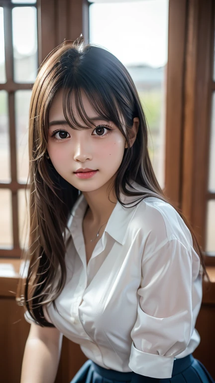 (8K, Raw photo, Photorealistic:1.25) ,( Gloss on small lips, Eye lashes, Gloss Face, Glossy glossy skin, best qualtiy, 超A high resolution, depth of fields, color difference, Caustics, Wide light, Natural Shadow, ) ，slender,brown haired, Blunt bangs, hair behind ear, hair over shoulder, Long hair，nakeness，white tit，Middle cleavage，（pubick hair），realisticlying
