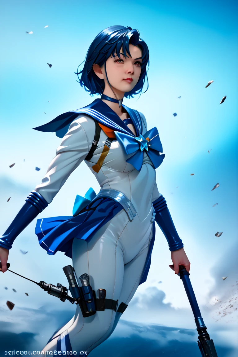 (masterpiece), ( best quality), Realistic, Cinematic Light, Mizuno Ami,  Sailor Mercury, stand,  Battlefield Background ,  perfect body,  blue hair, uniform  