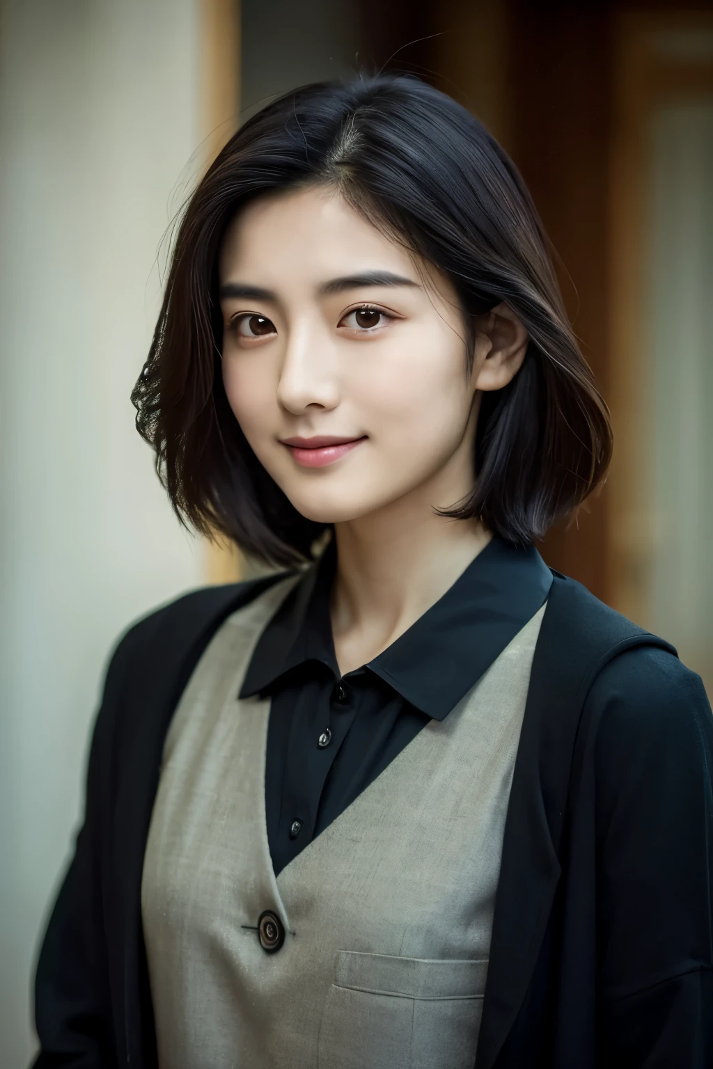  Portrait Photography ，  A handsome young Chinese man  ， 20-year-old head ， Dark brown short hair ， light beard ， Thick eyebrows ，  Deep and expressive eyes  ， nose slightly high ，  Calm and calm spirit  ，  Naturally divided Layered and well-groomed hairstyle  ，  wears a dark suit and black shirt  ， Simple and elegant style ，  The overall image is a bit like a young Liu Dewar  ，   Confident standing   ，  double pockets  ，Smile，  exudes mature confidence  ，  Typical oriental face features  ，  A concise gray gradient background accentuates facial features and three-dimensional details， taken from a flat perspective ，Shallow depth of field，  rich skin details  ， Indoor shooting  ，  Canon EOS R5 camera  ，  Kodak Eka Tar 100 fils  ，Superrealistic ，}  cinematic feel — style raw —s 400—ar 4  :3-v 6  ， women's breast F cup 