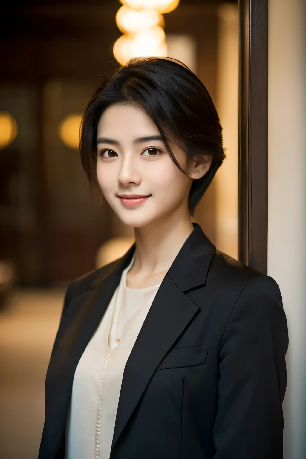  Portrait Photography ，  A handsome young Chinese man  ， 20-year-old head ， Dark brown short hair ， light beard ， Thick eyebrows ，  Deep and expressive eyes  ， nose slightly high ，  Calm and calm spirit  ，  Naturally divided Layered and well-groomed hairstyle  ，  wears a dark suit and black shirt  ， Simple and elegant style ，  The overall image is a bit like a young Liu Dewar  ，   Confident standing   ，  double pockets  ，Smile，  exudes mature confidence  ，  Typical oriental face features  ，  A concise gray gradient background accentuates facial features and three-dimensional details， taken from a flat perspective ，Shallow depth of field，  rich skin details  ， Indoor shooting  ，  Canon EOS R5 camera  ，  Kodak Eka Tar 100 fils  ，Superrealistic ，}  cinematic feel — style raw —s 400—ar 4  :3-v 6  ， women's breast F cup 