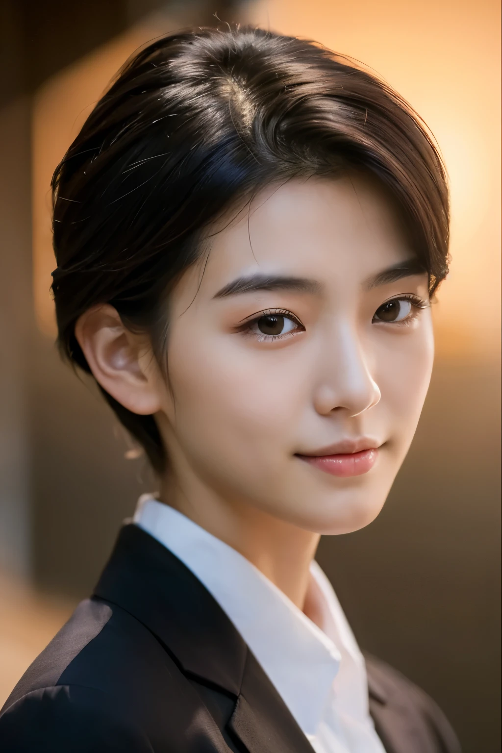  Portrait Photography ，  A handsome young Chinese man  ， 20-year-old head ， Dark brown short hair ， light beard ， Thick eyebrows ，  Deep and expressive eyes  ， nose slightly high ，  Calm and calm spirit  ，  Naturally divided Layered and well-groomed hairstyle  ，  wears a dark suit and black shirt  ， Simple and elegant style ，  The overall image is a bit like a young Liu Dewar  ，   Confident standing   ，  double pockets  ，Smile，  exudes mature confidence  ，  Typical oriental face features  ，  A concise gray gradient background accentuates facial features and three-dimensional details， taken from a flat perspective ，Shallow depth of field，  rich skin details  ， Indoor shooting  ，  Canon EOS R5 camera  ，  Kodak Eka Tar 100 fils  ，Superrealistic ，}  cinematic feel — style raw —s 400—ar 4  :3-v 6  ， women's breast F cup 