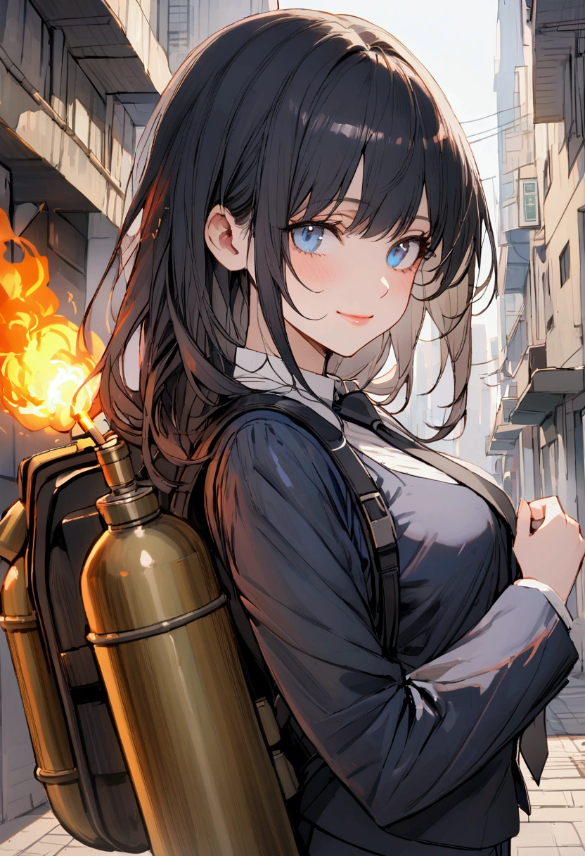 Girl. Long black straight hair. Blue eyes with a depth of suffering. Delicate features. Lips curled into a slight smile. Wearing a dark blue suit with a white shirt and black tie. Dark blue short shorts and black pantyhose. Has flamethrower barrels attatched to wrists and carries a fuel tank backpack. Background is a city street.