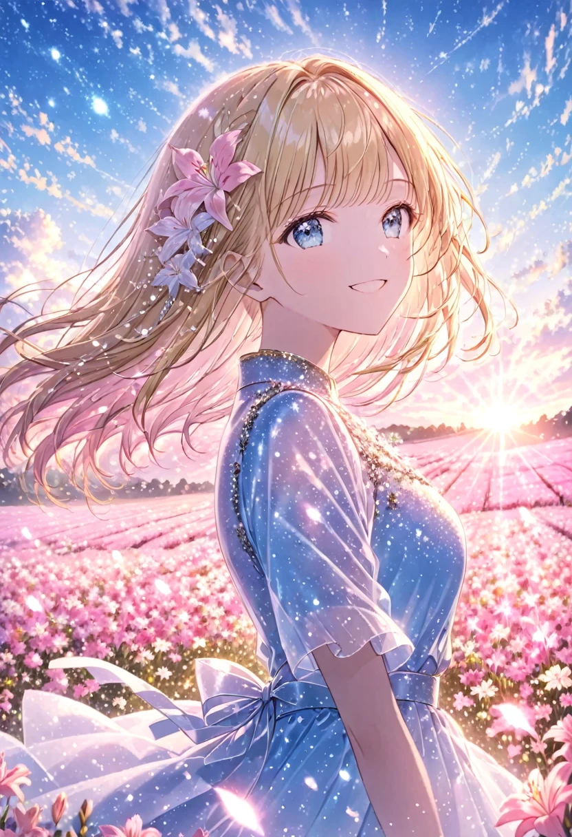 pastel、Glowing Picture  , One Woman , upper body, cowboy shots,Blonde, blue eyes,Glamorous costumes, see here, Smiling Standing in a Field of Flowers ,Nerine's Flowers , Daytime Scenery Happy , Best Moments Seen from afar 